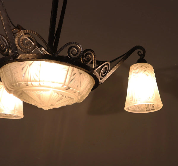 Antique French Art Deco Chandelier with Frosted Glass and Iron by Muller Freres