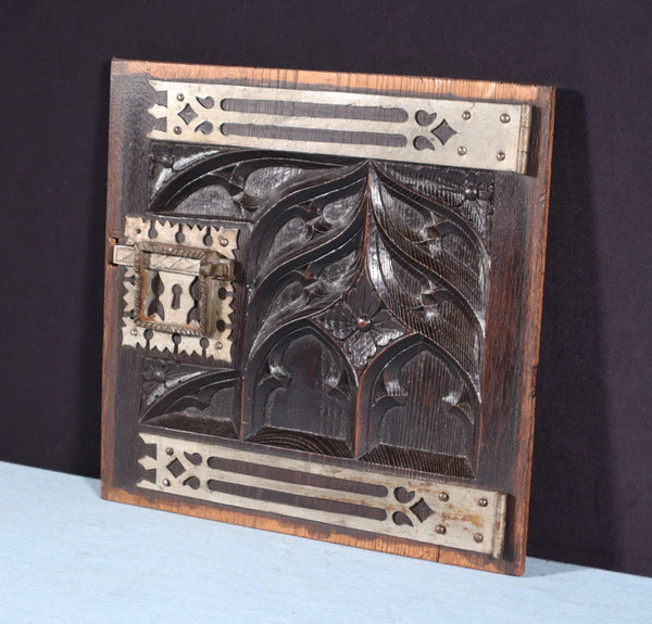 Antique French Solid Chestnut Wood Carved Gothic Door w/Faux Hinges and Latch