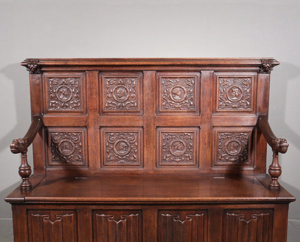 Antique French Renaissance Oak Wood Bench/Settee/Storage Bench with Lions