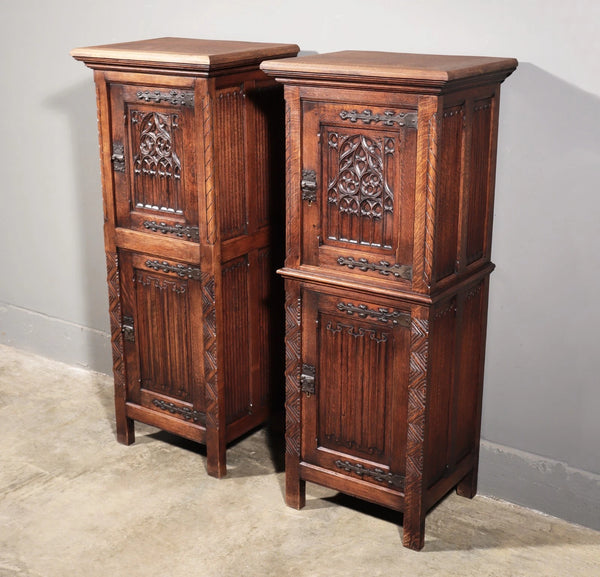 50" Tall Pair of Vintage French Solid Oak Wood Highly Carved Gothic Cabinets