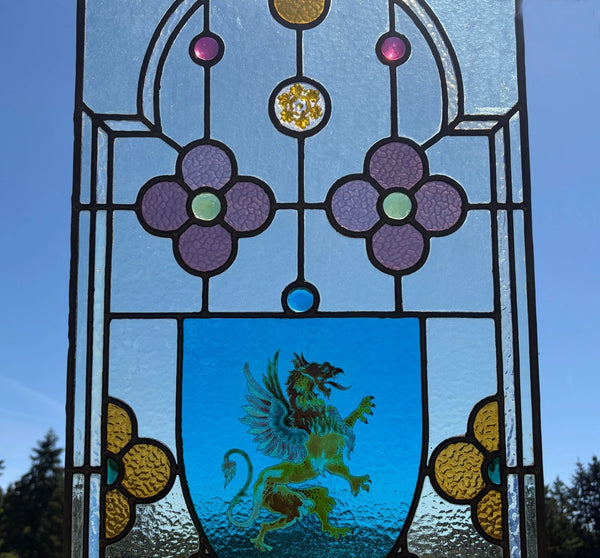 38" Tall Antique French Stained/Leaded Glass Panel w/Griffin and Uranium Glass