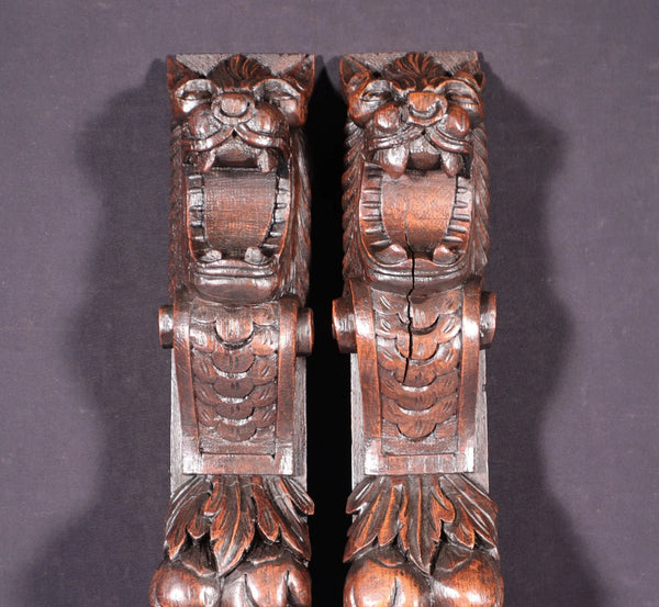 26" Pair of French Antique Solid Oak Wood Highly Carved Wood Lion Trim Posts