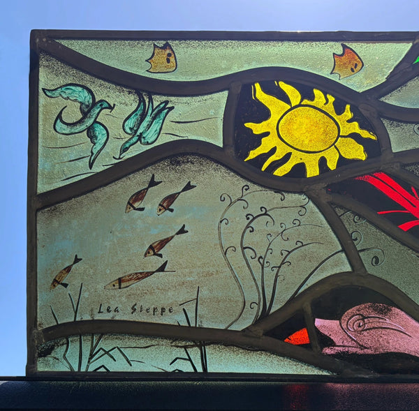 Vintage Dutch Stained/Leaded Glass Panel by Lea Steppe Sea Life Themed
