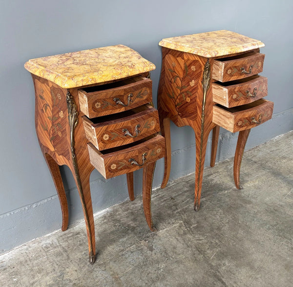 Pair of 30" Tall Antique French Louis XV Inlayed Nightstands with Marble Tops
