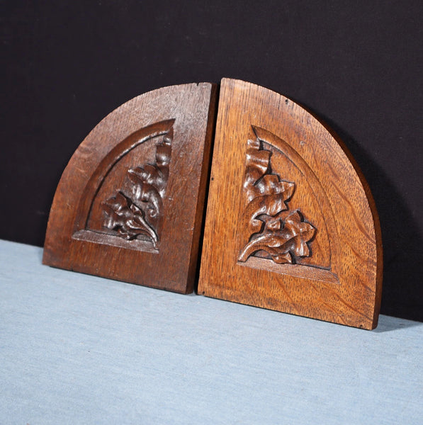 Pair of Gothic Carved French Architectural Panels/Trim in Solid Oak Wood Salvage