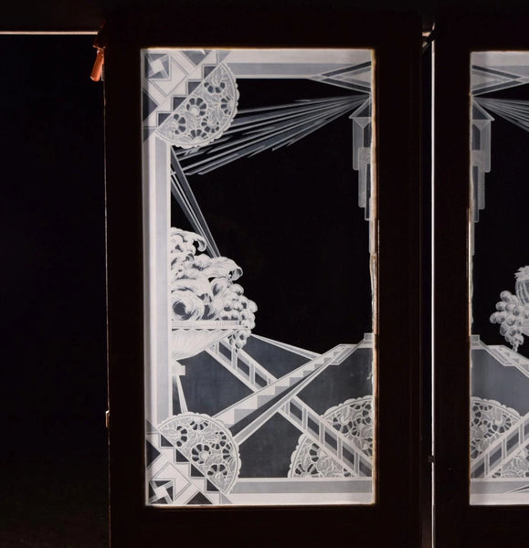Set Antique French Art Deco Etched Glass Doors Frosted Glass with Pine Frames