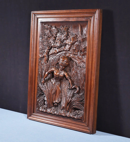 Antique French Solid Walnut Wood Highly Carved Panel w/Woman Harvesting Wheat