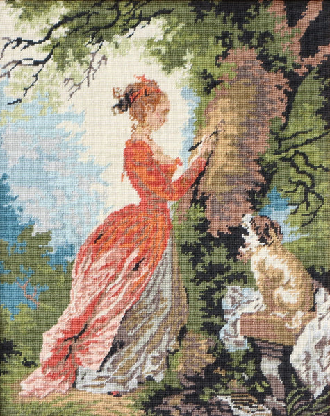 Vintage French Framed Needle Point of Fragonard's "Le Chiffre D'amour"