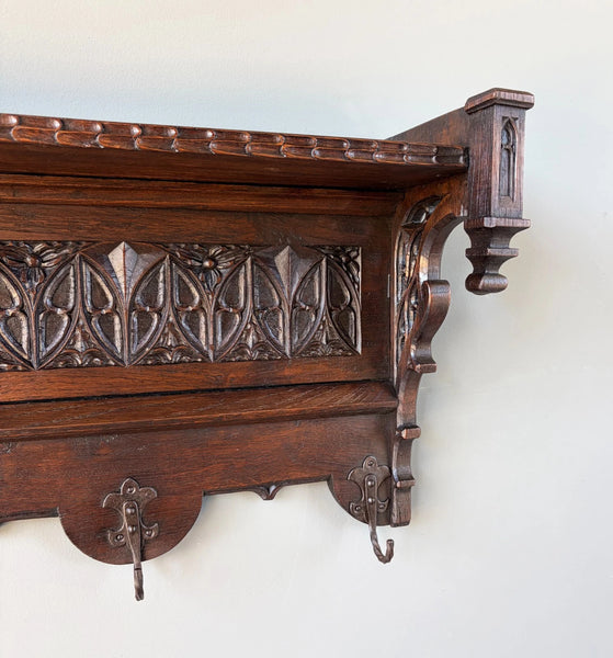 52" Antique Gothic French Solid Oak Coat Rack Hall Tree Wood Shelf w/Iron Hooks