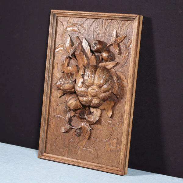 14" Tall French Antique Solid Oak Panel Highly Carved Harvest Theme