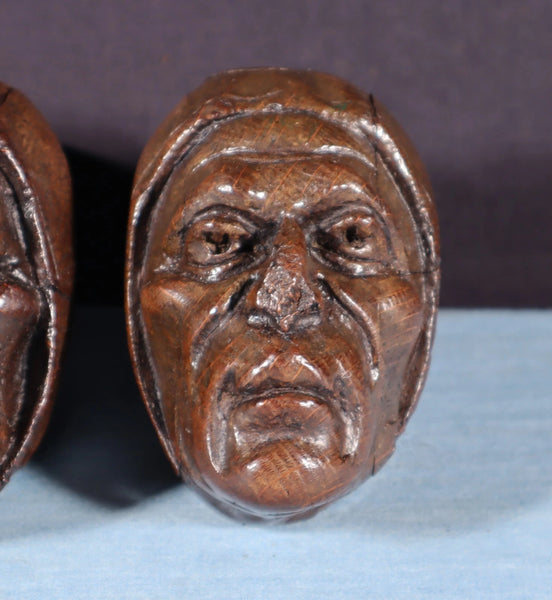 Pair of 4" Tall French Antique Highly Carved Heads in Solid Oak Wood Trim Pieces