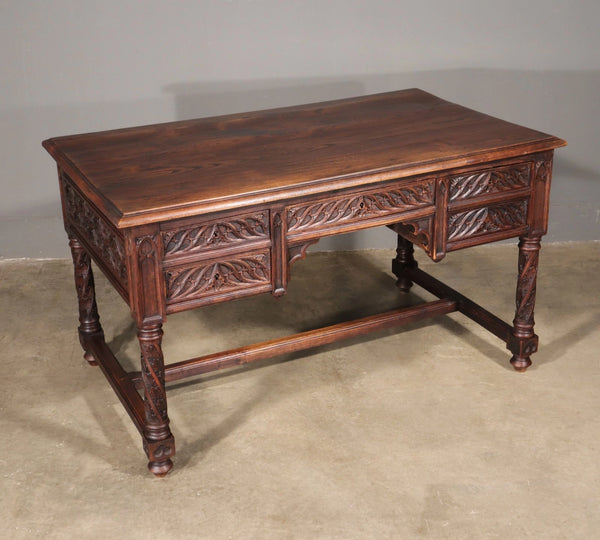 French Antique Gothic Revival Desk with Chair in Solid Carved Chestnut Wood