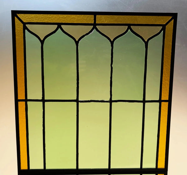 43" Tall Pair of Antique French Stained Glass Window Panels Green & Yellow Glass