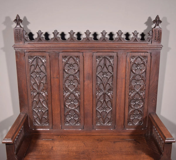 Antique French Gothic Revival Oak Wood Bench/Settee/Chair Highly Carved
