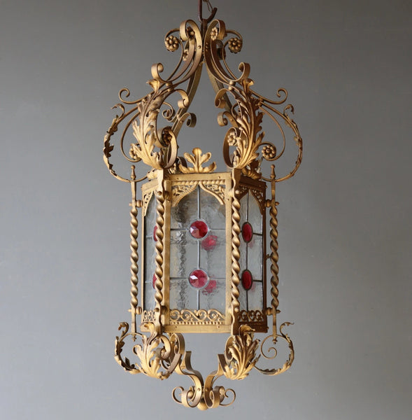 36" Tall XL French Antique Iron and Stained Glass Hanging Chandelier/Lamp