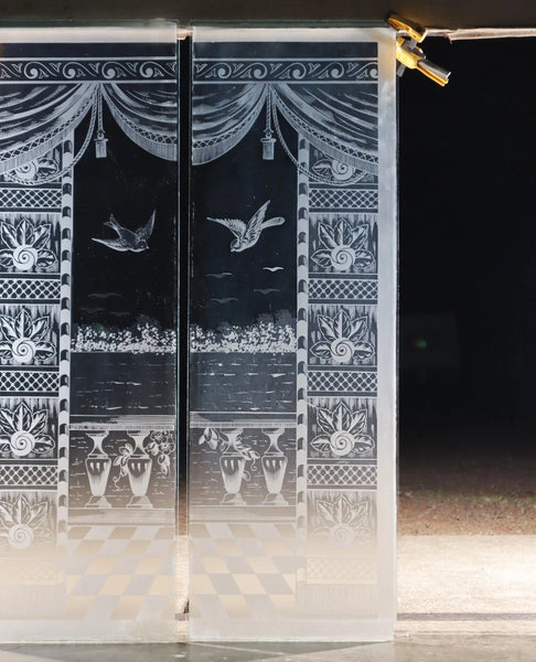 48" Tall Pair of Antique French Etched Glass Windows Frosted Glass with Birds