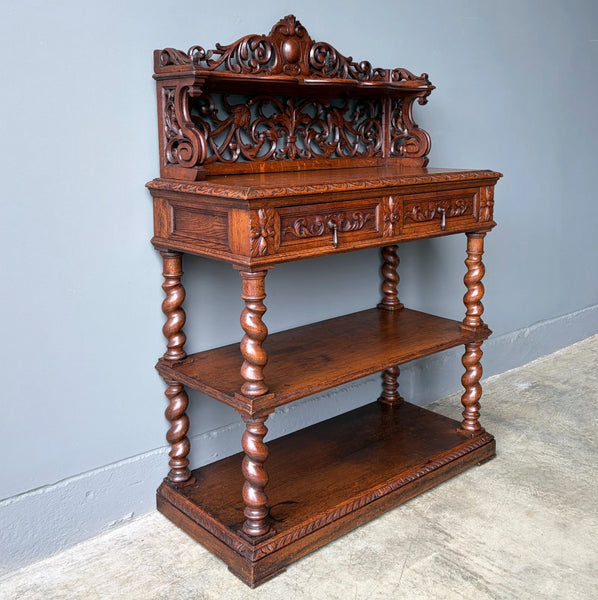 Antique French Renaissance Sideboard/Buffet in Solid Oak Highly Carved Wood