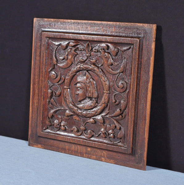 Antique French Solid Oak Highly Carved Panel with Portrait Carving Late 1800's