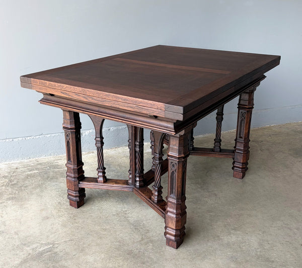Vintage French Gothic Dining Table in Solid Oak Wood with Highly Detailed Base