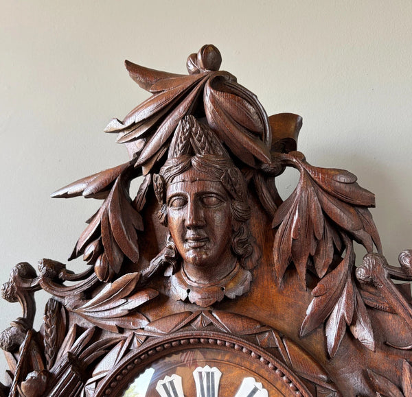 XL Antique French Renaissance Solid Oak Wood Highly Carved Clock Harvest Theme