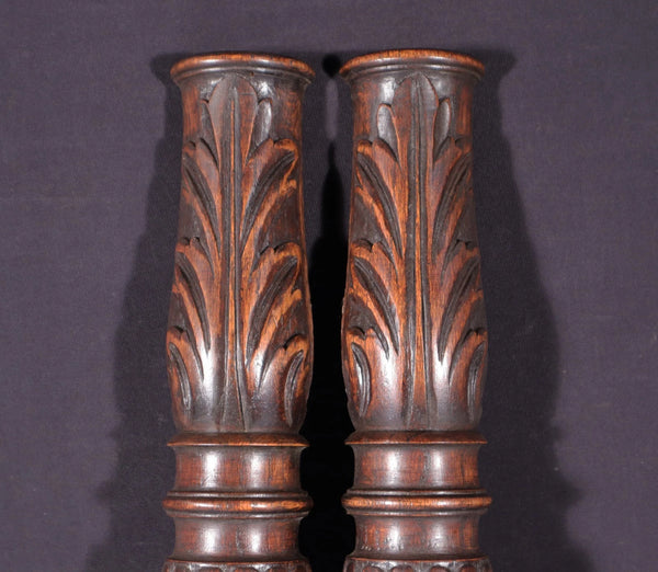 Pair of 27" Vintage French Solid Oak Wood Gothic Posts/Pillars/Columns