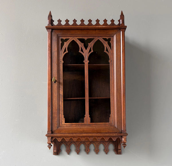 French Antique Gothic Revival Solid Oak and Walnut Wood Bar or Wall Cabinet