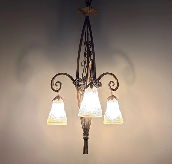 33" Tall Antique French Iron Art Deco Chandelier with Frosted Glass and Roses