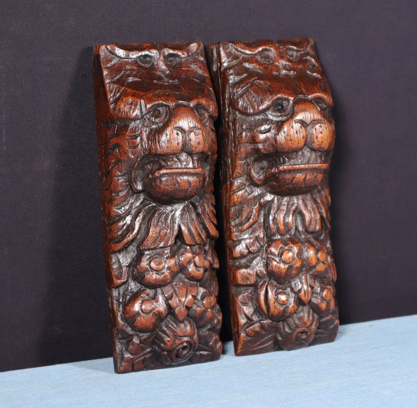 Pair of 8" French Antique Highly Carved Lion Corbels/Trim/Brackets Solid Oak