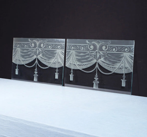 19" Wide Pair of Antique French Etched Glass Windows With Curtains and Tassels
