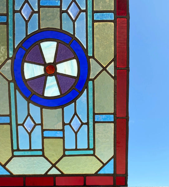 27" Tall French Antique Religious Stained/Leaded Glass Panel from a Church