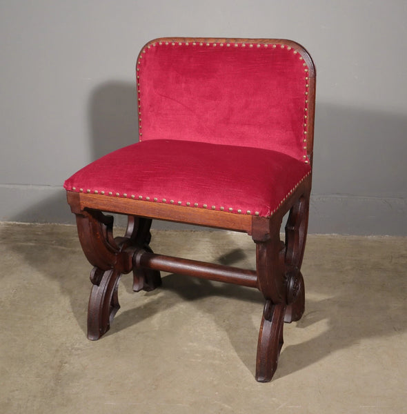 Antique Gothic Priest's Pulpit/Sanctuary Chair Set In Solid Oak and Red Velvet