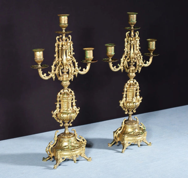 19" Tall Pair of Antique French Gilded Bronze Candelabra Candlesticks