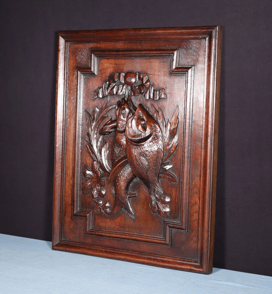 24" Tall French Antique Solid Oak Panel Highly Carved Hunting Theme with Fish