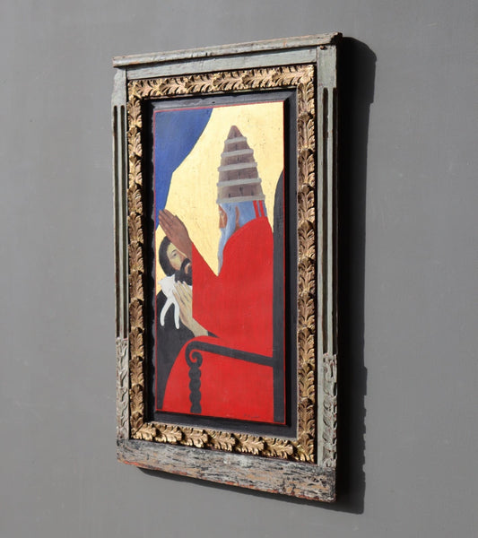 Vintage Framed Oil on Panel Painting of St Francis with Cat by Paul Bruylant