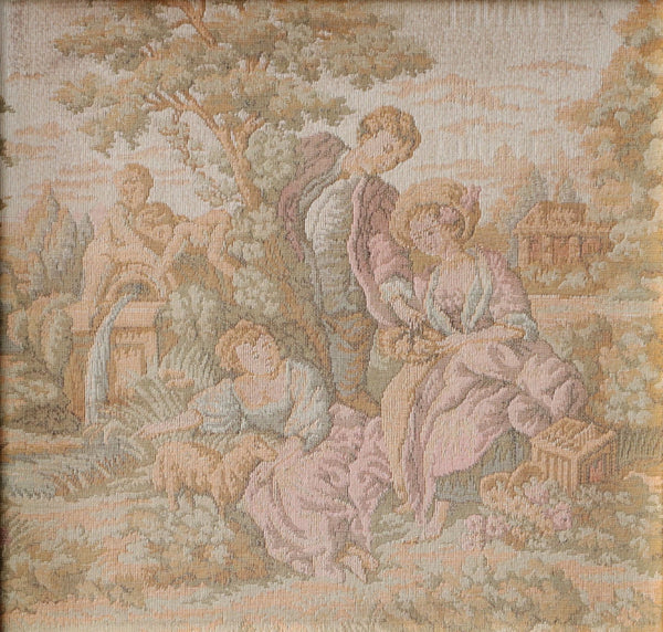 12" Antique French Framed Tapestry of a Courting Scene in Rococo Style
