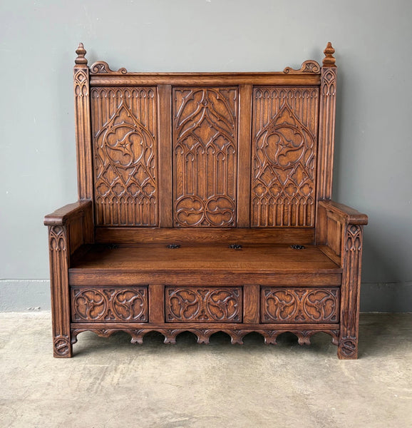 Vintage French Gothic Revival Oak Wood Bench/Settee/Chair Highly Carved