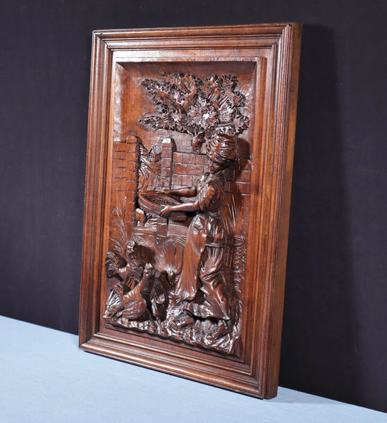 Antique French Solid Walnut Wood Highly Carved Panel w/Woman Feeding Chickens