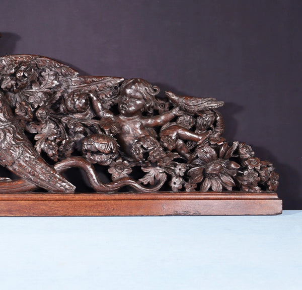 62" Wide XL Antique French Solid Oak Wood Highly Carved Crest with Bird