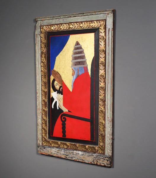 Vintage Framed Oil on Panel Painting of St Francis with Cat by Paul Bruylant