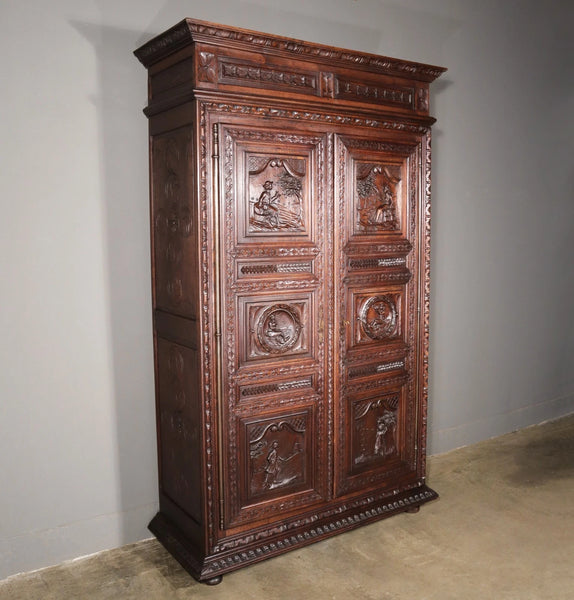 91" Tall French Antique Breton Armoire/Cabinet in Solid Chestnut Highly Carved