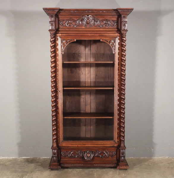 88" Tall French Antique Solid Oak Wood Bookcase/Display Case/Cabinet Carved