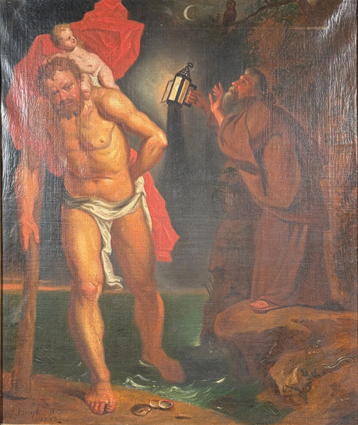 Antique Oil Painting St Christopher After Peter Paul Ruben's Triptych by Hauph