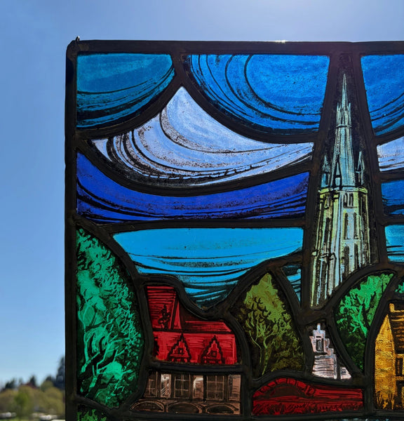 14" Tall Vintage Belgian/Flanders Stained/Leaded Glass Panel of Bruges Belgium