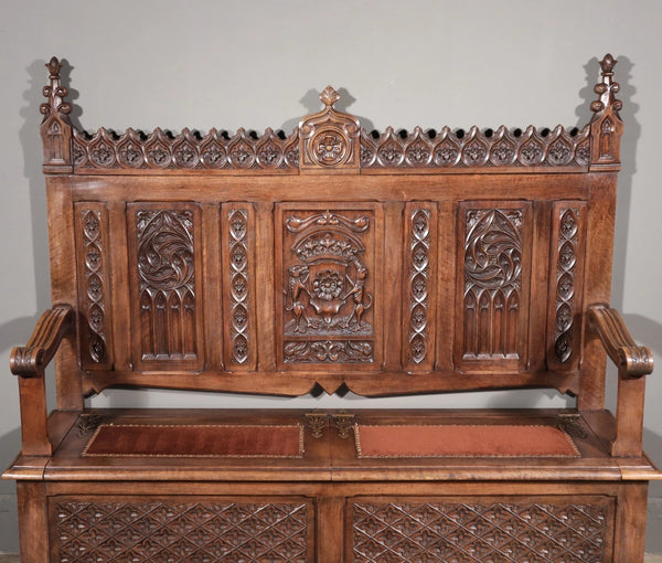Antique French Gothic Revival Walnut Wood Bench/Settee/Chair Highly Carved