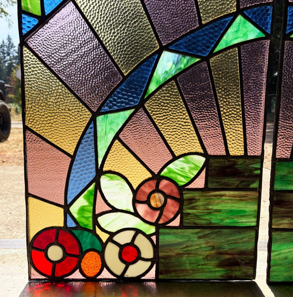 43" Tall Pair of Antique French Art Deco Stained Glass Window Panels