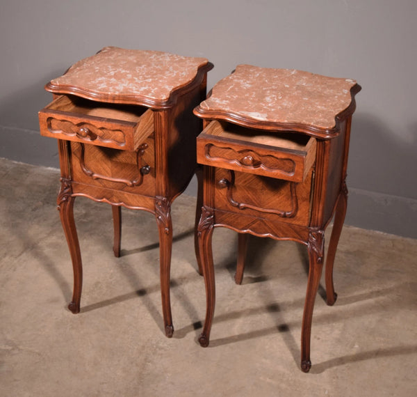 Pair of Antique French Louis XV Nightstands in Walnut with Marble Tops