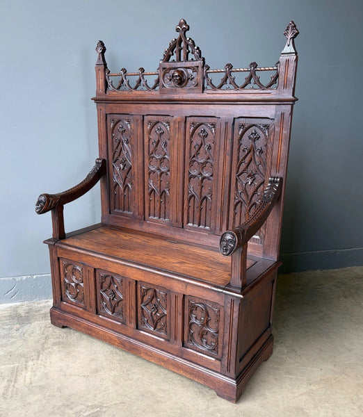 Antique French Gothic Revival Oak Wood Bench/Settee/Chair Highly Carved