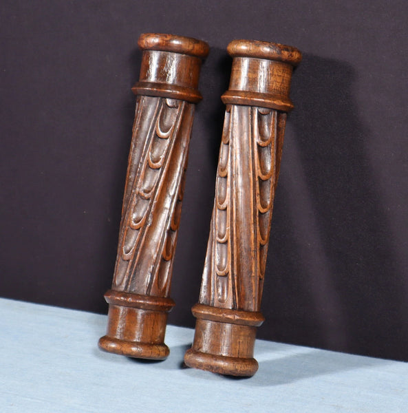 Pair of Antique French Gothic Revival Posts Carved Solid Chestnut Wood