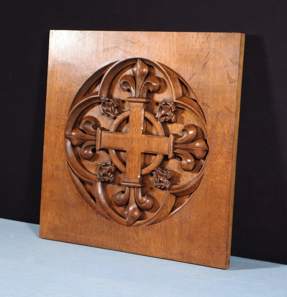 Antique French Gothic Revival Panel Carved Solid Oak Wood Salvage Christian