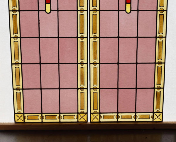 69" Pair of Vintage French Art Deco Stained Glass Windows w/Hand Painted Flowers